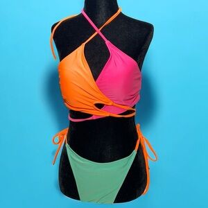 0XLarge Plus‎ Size Neon Orange Pink Teal Strapy Bikini High cut Beach Summer